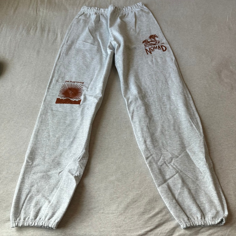 Nomad Get Busy Living Heather Gray Graphic Sweatpants Mens Large Made in LA